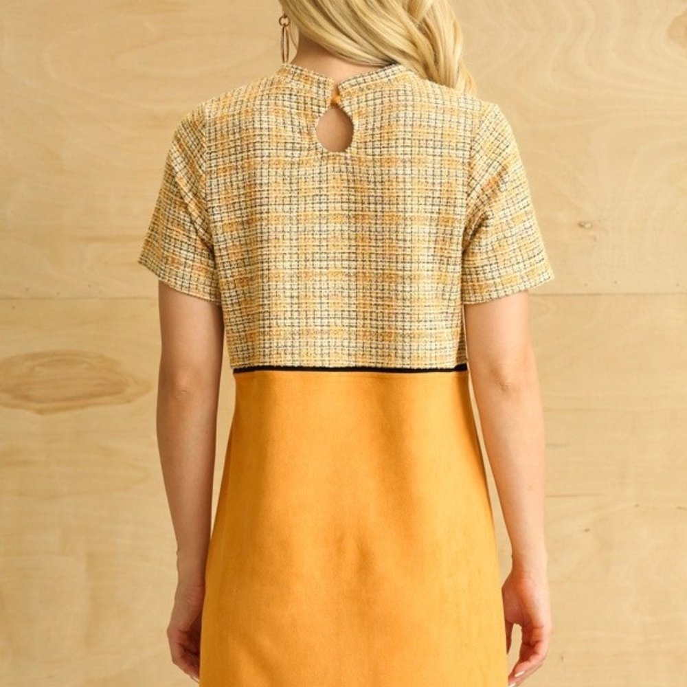 Tweed and Suede Work Dress Office Dress with Side Pockets Gold & Yellow - Picture 9 of 16